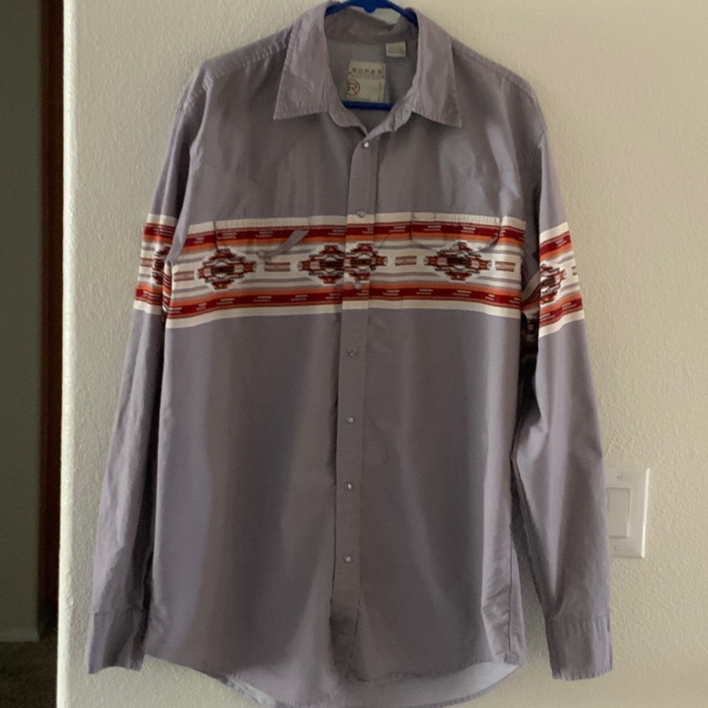Roper Gray Shirt with Red and White Southwestern Design